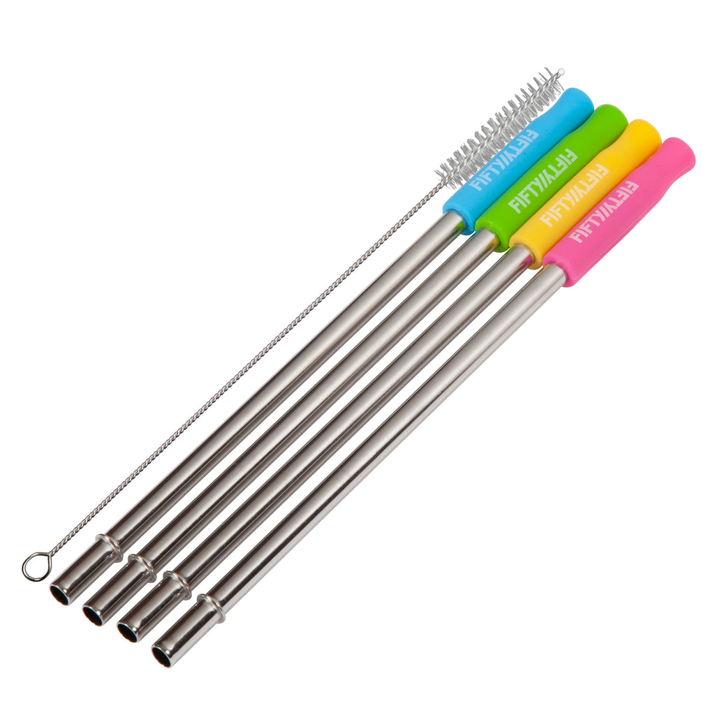 Silicone Tip Stainless Steel Straws 4pk - Red Dot
